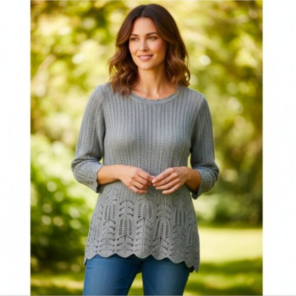 ModCloth Gray Open Knit Crochet Sweater Top Round Neck 3/4 Sleeve Soft Comfy M - Picture 3 of 9
